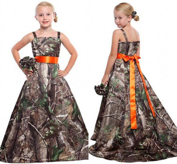 Camo Flower Girls Dresses For Weddings Spaghetti Strap Princess Long Junior Bridesmaid Dresses Country Satin Girls Pageant Dresses