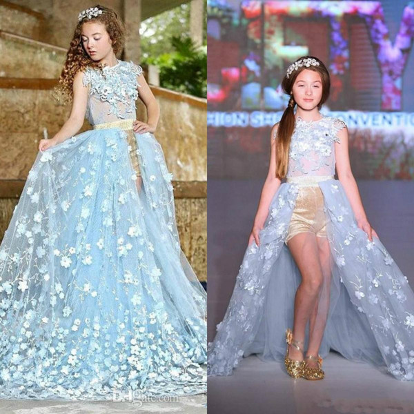 Runway Blue Princess Flower Girls Dresses For Weddings Lace Kids Formal Wear Fashion Pageant Outfit Tulle Gown