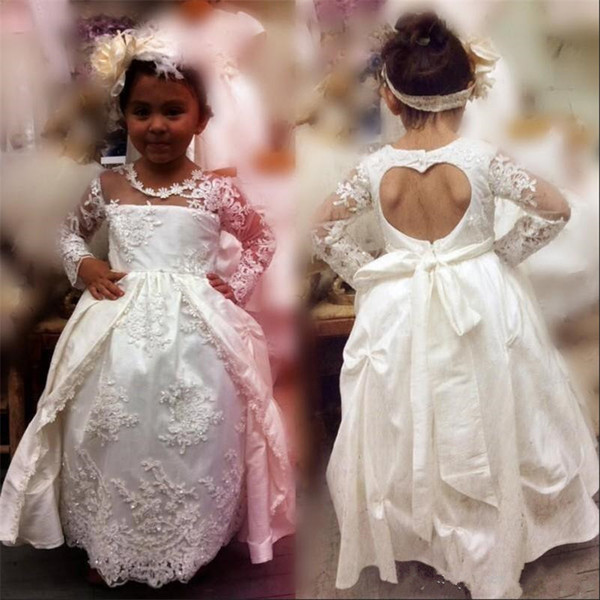 Elegant Ivory White Long Sleeve Toddler Kids Flower Girl Dress First Communion Dress Sheer Appliques Sequins With Hollow Back