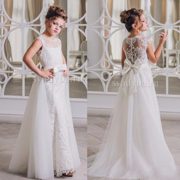 White Flower Girls Dresses With Detachable Skirt Princess Appliques Bow Sash Girl's Formal Dresses Floor Length BA9961