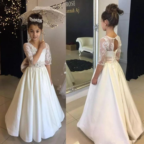 New Flower Girl Dresses For Weddings A Line Sheer Crew Neck Appliques Girls Pageant Gowns Half Sleeves Formal Wear For Teens