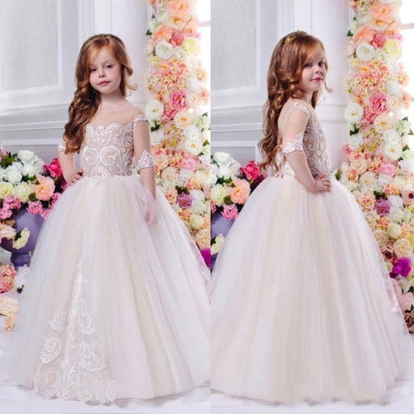 Princess Sheer Half Sleeve Little Flower Girl Dresses For Weddings Applique Kids Ball Gowns Special Occasion First Communion Dresses BA7638