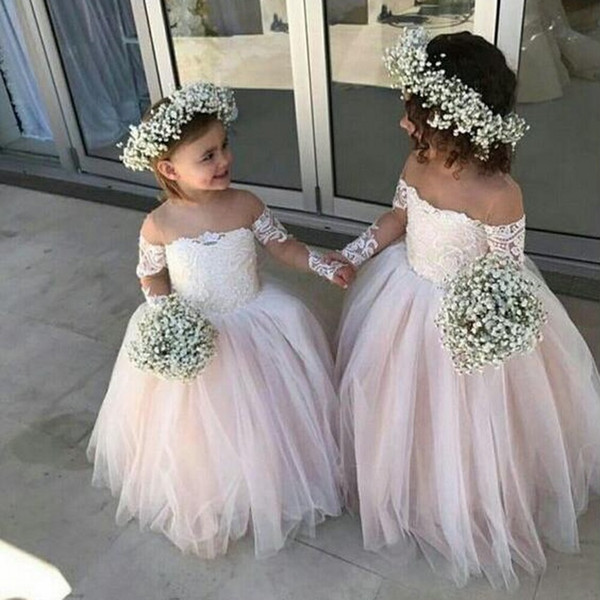 Lovely Kids Flower Girl Dresses For Country Garden Summer Boho Weddings A Line Sheer Long Sleeves Off Shoulder Kids Teens Party Gowns