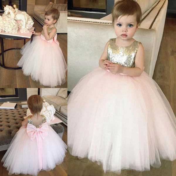 Blush Pink With Gold Sequins Little Kids Toddler Flower Girl Dresses Princess A Line Crew Neck Girls Pageants Gowns Big Bow Sash Back