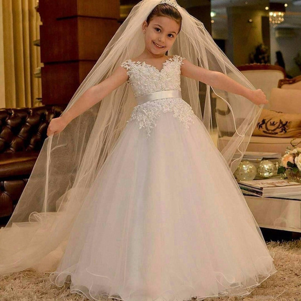 Royal Princess White Flower Girl Dresses For Church Weddings A Line Cap Sleeves Appliqued Kids Formal Communion Birthday Party Gowns