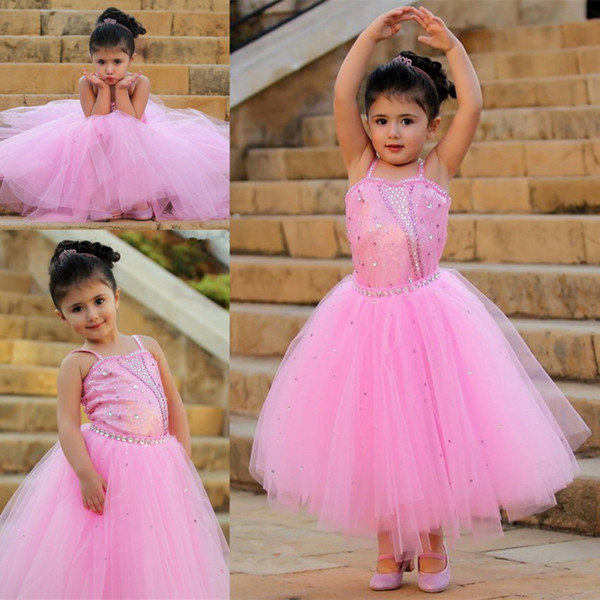 Cute Princess Pink Flower Girl Dresses A Line Spaghetti Straps Sequins Tulle Puffy Kids Toddler Birthday Communion Girls Pageant Dress