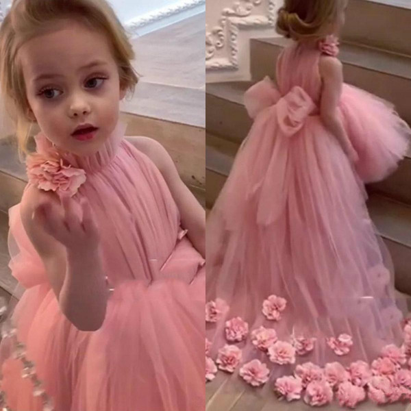 Puffy Tulle Pink Flower Girl Dresses for Weddings High Neck Sleeves Sweep Train 3D Floral Applique Communion Dress Girls Pageant Gowns