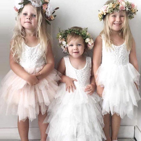 Cheap Lovely Short Flower Girls Dresses Lace Ruffles Tulle Tutu Dress Puffy Little Girls Formal Wedding Party Gowns MC1482