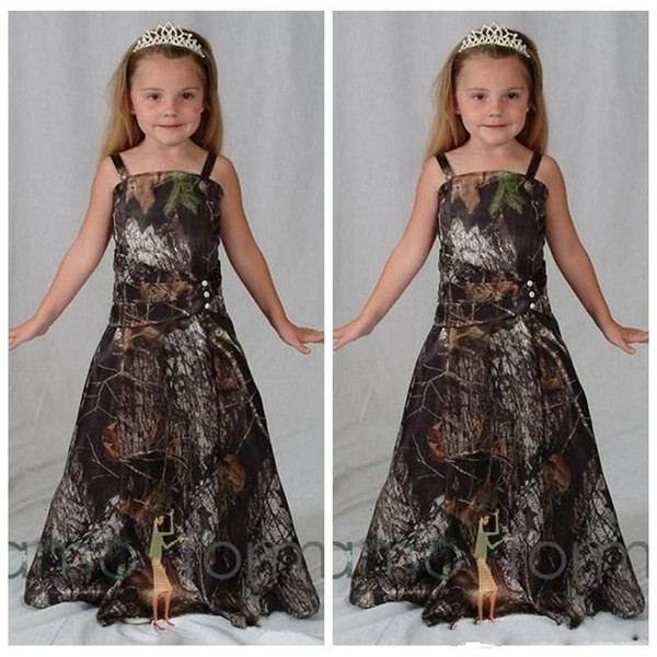 Newest Camo Flower Girl Dresses For Western Country Forest Weddings A Line Spaghetti Straps Long Girls Pageant Formal Gowns