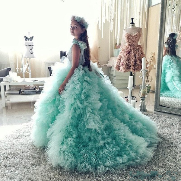 Mint Green Jewel Neck Flower Girl Dresses Kids Pageant Dresses for Girls Glitz Court Train Ruffles With Bow Kids Prom Dresses