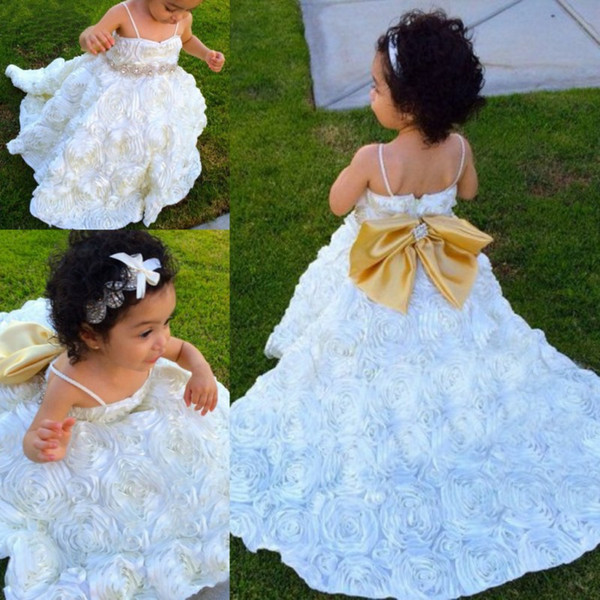 Beautiful Lace Flowers White Flower Girl Dresses Princess Spaghetti Straps with Bow Sash Toddler Formal Dress For Weddings Kids Pageant Gown