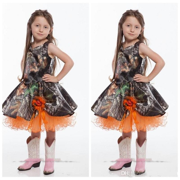 Orange Spaghetti Short Camo Flower Girl Dresses Knee Length Handmade Flowers Adorned Girls Wedding Party Gowns Toddler Dress Orange