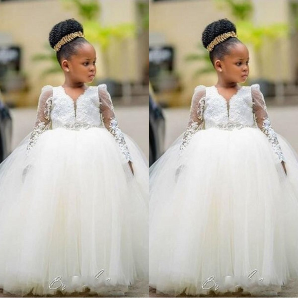 White Tulle Ball Gown Flower Girl Dresses Long Sleeve Little Girl Pageant Dresses With Beads Princess Flower Girl Dress For Wedding Kid