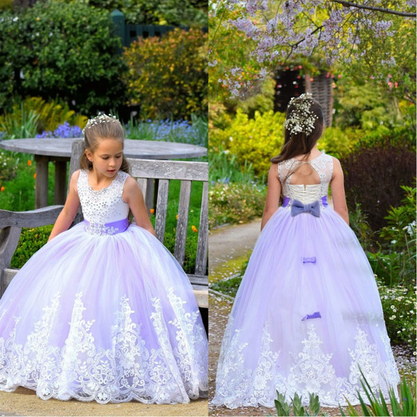 Spring Princess Lavender Flower Girls Dresses Sleeveless Jewel Neck Lace Appliques Ball Gown Long Girls Pageant Kids Brithsday Gowns