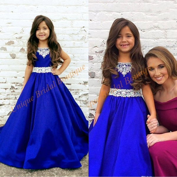 Pageant Dresses for Teens Custom Made with Beaded Neck and Floor Length Royal Blue Satin Ball-Gown Pageant Dresses for Girls size