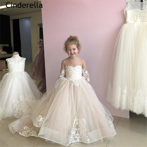 Light Champagne Scoop Long Sleeves A-Line Lace Applique Tulle Flower Girls Dresses With Hand Made Infant Bow Girls Pageant Party Dress