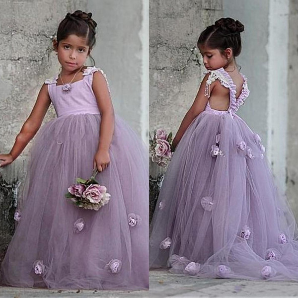 Lovely Lavendar Flower Girls Dresses 3D Flowers Girls Pageant Gowns for Kids Wedding Party Criss Cross Back Sweep Train