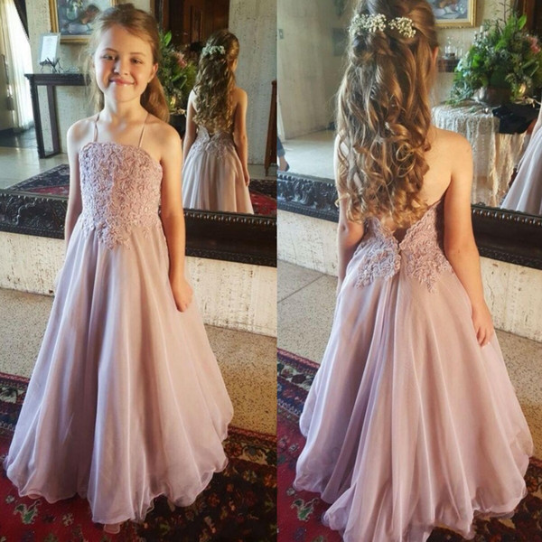 Dusty Pink Lace Flower Girl Dresses For Wedding Halter Backless Organza Floor Length Girls Pageant Gowns Kids Formal Party Dresses