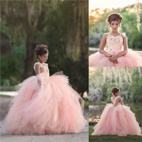 Country Style Puffy Skirt Sleeveless Flower Girls Dresses Straps Lace Top Layers Backless Girls Toddler Infant Pageant Gowns BC2113