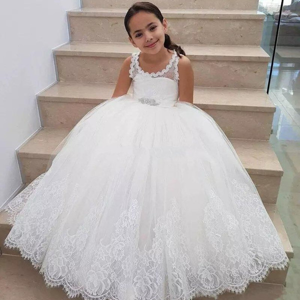 White Girls Teens Pageant Dresses Ball Gown Lace Appliqued Beaded With Sash Flower Girl Dresses Kids Formal Wear Gowns