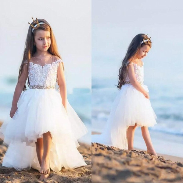 Beach Lovely New High Low Cute Flower Girl Dresses Cap Sleeves Lace Tulle Little Girls First Communion Beach Boho Girls Wear