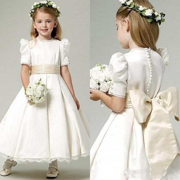 Lovely Flower Girl Dress Jewel Neck Ankle Length Bubble Short Sleeves Lace Hemline Ivory Satin Flower Girl Dresses With Champagne Bow Sash