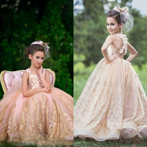 Lovely Gold Sequins Flower Girl Dresses Jewel Neck 3D Floral Appliques Puffy Tulle Ball Gown Girls Pageant Dresses First Communion