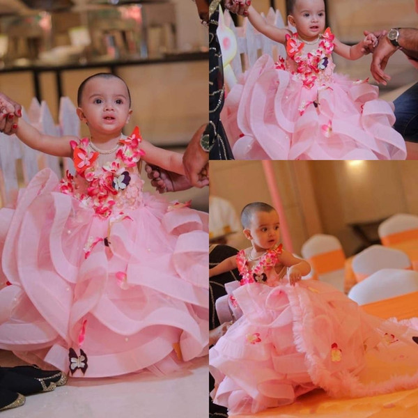 Pink Organza Ball Gown Flower Girl Dress Butter Fly 3D Floral Applique Layered Ruffles Girls Pageant Dresses Birthday Party Dress