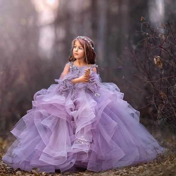 Purple Flower Girl Dresses Organza Beads Little Girls Pageant Dresses Long Sleeve Princess Children Wedding Gowns Flower Girl Dresses