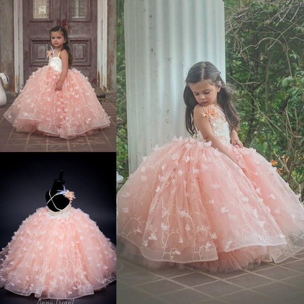 Blush Spaghetti Straps Lace A Line Flower Girls Dresses 3D Floral Ball Gown Girls Pageant Dresses Princess Kids Birthday Party Gowns