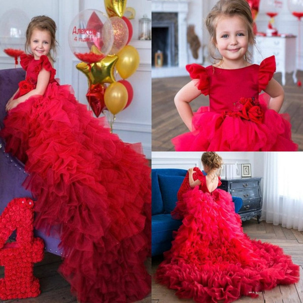 Red Flower Girl Dresses Tulle Tiered Skirts Neck Cap Sleeve Handmade Girls Birthday Pageant Dress Backless Little Girls Formal Gown