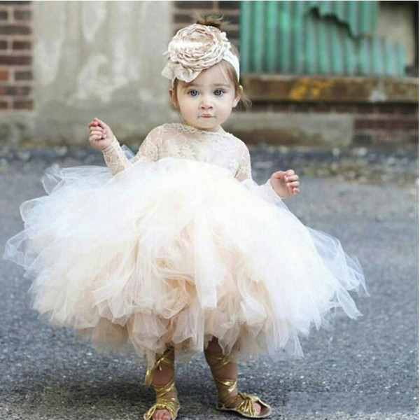 Cheap 2020 Cute Flower Girls' Dresses Baby Infant Toddler Baptism Clothes Long Sleeves Lace Tutu Ball Gowns Birthday Party Dress BM1631