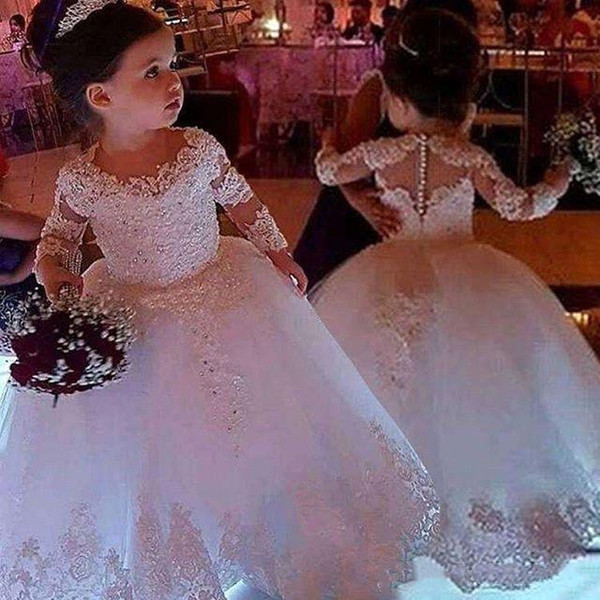 Cute Lace Flower Girl Dresses Long Sleeve Jewel Neck Tulle Beaded First Communion Dress Girls Pageant Gowns With Covered Button BC2335