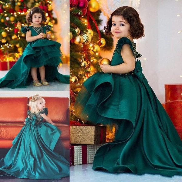 Dark Hunter Green High Low Flower Girl Dresses For Wedding Satin And Organza Girls Pageant Gowns Big Bow Sweep Train Birthday Party Wear