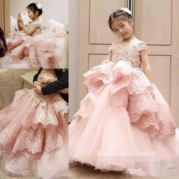 Princess Pink Layers Ruffles Flower Girl Dresses For Weddings Tiered Skirt Cap Sleeve Long Toddler Kids Formal Pageant Birthday Party Dress