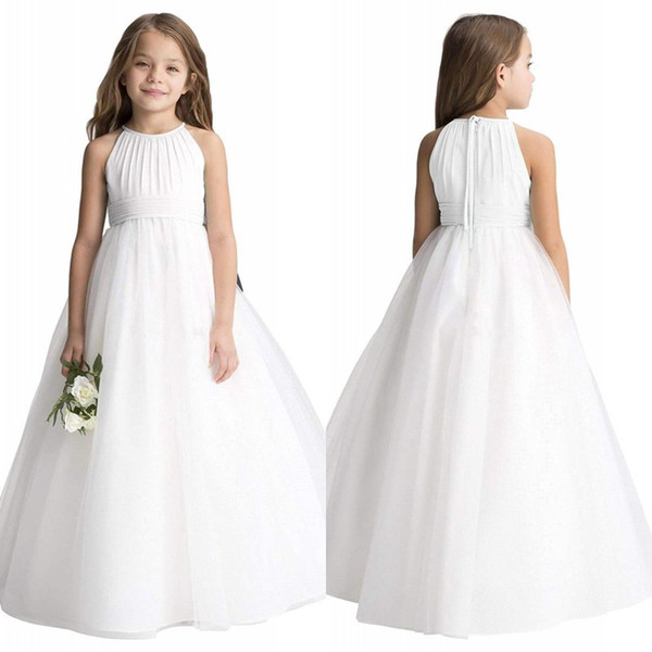 2020 Cute Ivory Chiffon Flower Girl Dresses Kids Wedding Formal Party Gown Scoop Neck Sleeveless Pageant First Communion MC2081