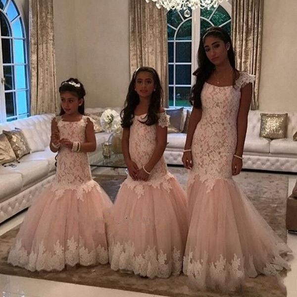 2019 Custom Made Lace Girls Pageant Kids Formal Wear Tulle Mermaid Cute Little Girl Dresses Popular Flower Girl Dresses