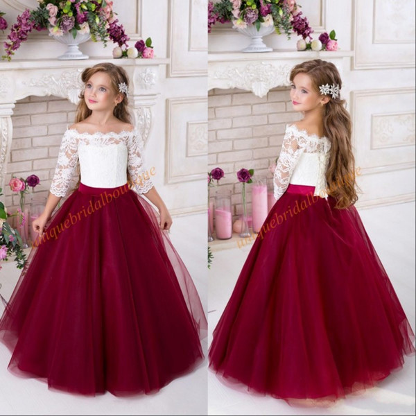 Burgundy Flower Girls Dresses for Weddings Off Shoulder 3/4 Long Sleeves Puffy Tulle Girls Party Pageant Dress