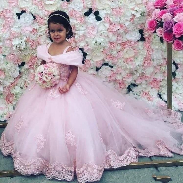 Beautiful Pink Ball Gown Girls Pageant Dresses Elegant Straps Off Shoulders Appliques Little Kids Flower Girl Dress For Weddings BC3407