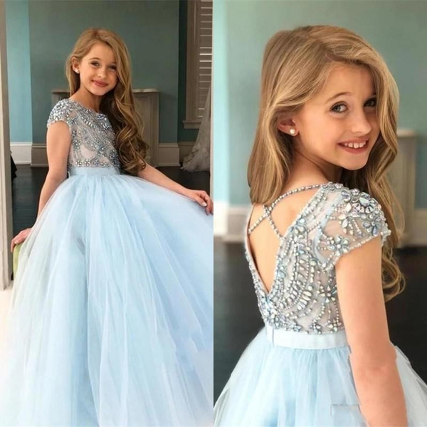 Sparkly Sky Blue Beading Flower Girls Dresses Crystal Backless Cap Sleeve Tulle Girls Pageant Dresses vestidos de desfile de niñas