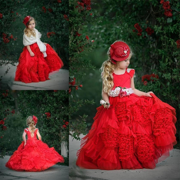 New Dollcake Red Ruffles Flower Girl Dresses With Sashes Lace Ball Gown Tutu Boho Wedding Vintage Beach Little Baby Gowns for Communion