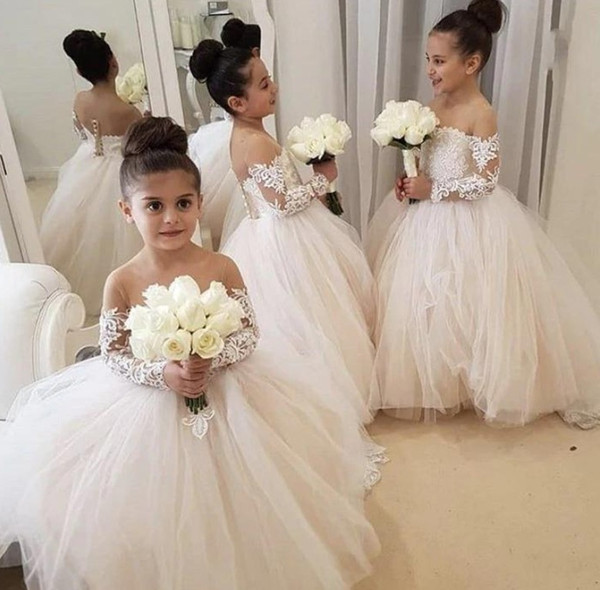 Chic White Ball Gown Flower Girl Dresses Sheer Neck Lace kid wedding dresses pakistani Cute Lace Long Sleeve Toddler girls pageant dresses