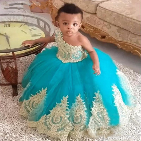 Turquoise Blue One Shoulder Flower Girl Dresses Gold Lace Ball Gown Kids Evening Gown Girls First Communion Dress With Bow