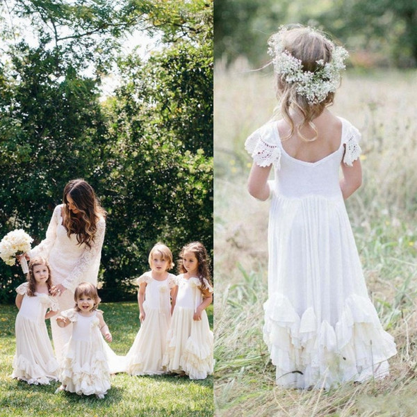 Lovely Boho Flower Girls Dresses for Weddings with Lace Appliqued Cap Sleeves Lovely First Communion Birthday Dresses for Kids BA3467