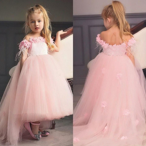 New Princess Hi-lo Blush Pink Girl's Pageant Dresses Lace Flowers Puffy Ruffles Organza Skirt Wedding Flower Girls' Ball Gowns