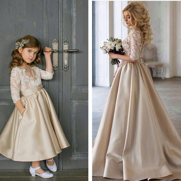 Champagne Flower Girls Dresses For Weddings 3/4 Long Sleeves Lace Satin Ankle Length Girls Pageant Dresses Children Kids Party Dress BC1641