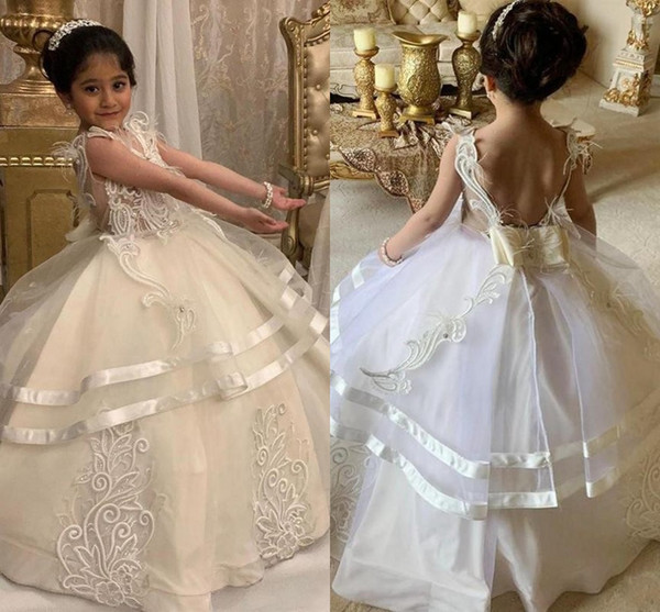 Stunning 3D Lace Embroidery Flowre Girl Dresses With Bow Back Sheer Strap Appliques Tier Skirt Long Toddler Birthday Party Dress