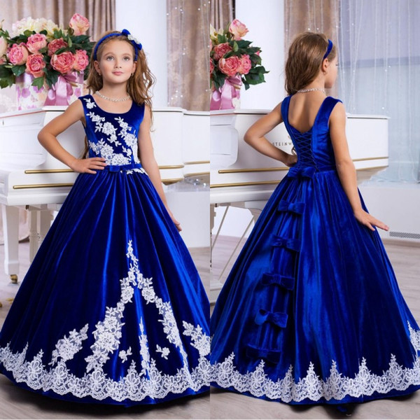 Classic Mother Daughter Dresses Lace Appliques Royal Blue Formal Event Dress Lace Up Back Beautiful Flower Girl Gowns