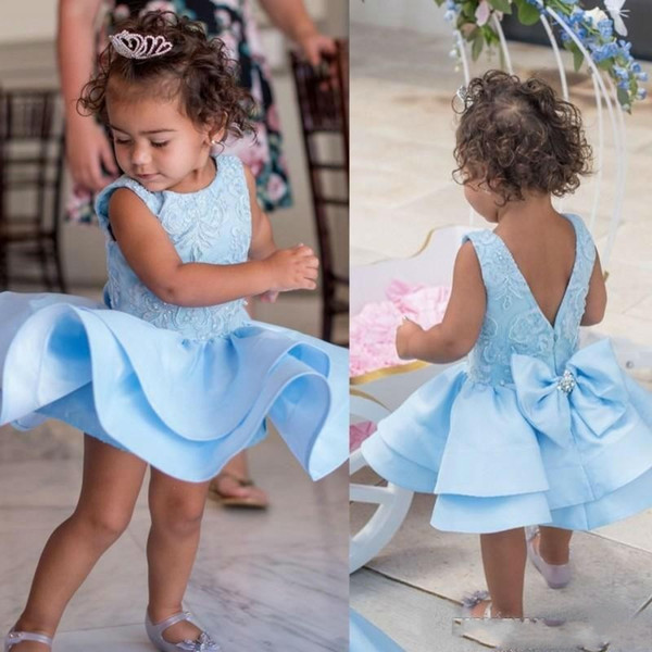 Sky Blue Short Flower Girls Dresses Applique Tiered Girls Party Toddler Pageant Baby Birthday Gowns Kids Cupcake First Communion Dress