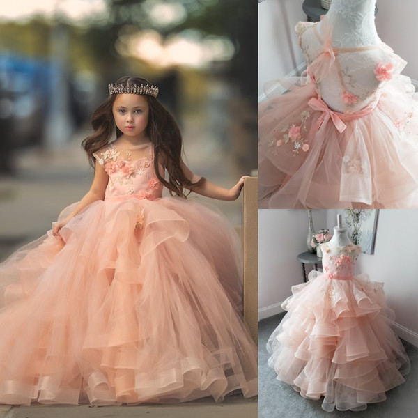 New Cute Jewel Boho Country Flower Girl Birthday Dresses Ball Gown Sheer Neck Long Sleeve With Lace Applique Kids Girls Pageant Dresses